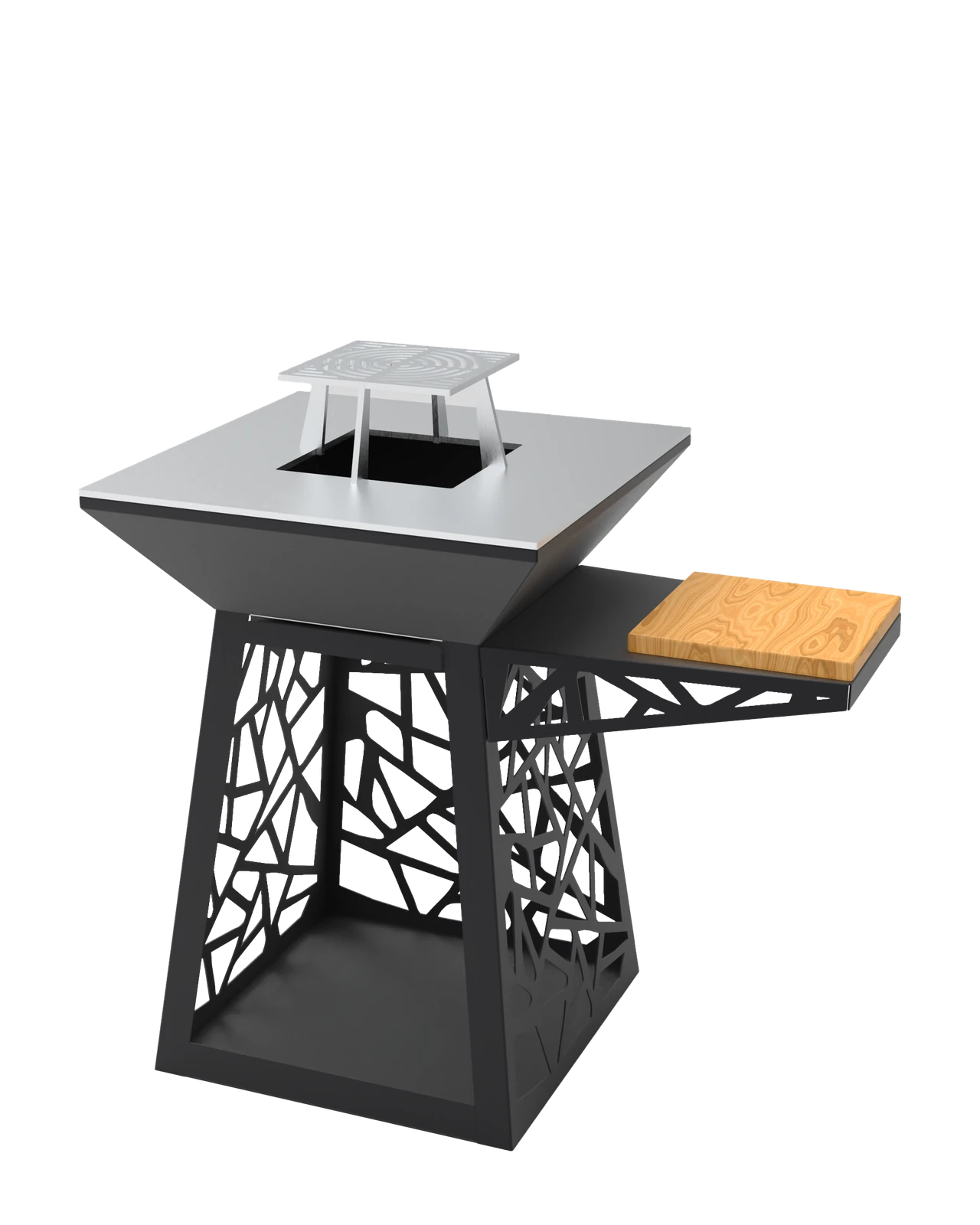 ETNA, barbecue a legna con base traforata, piastra inox e supporto con tagliere (render)