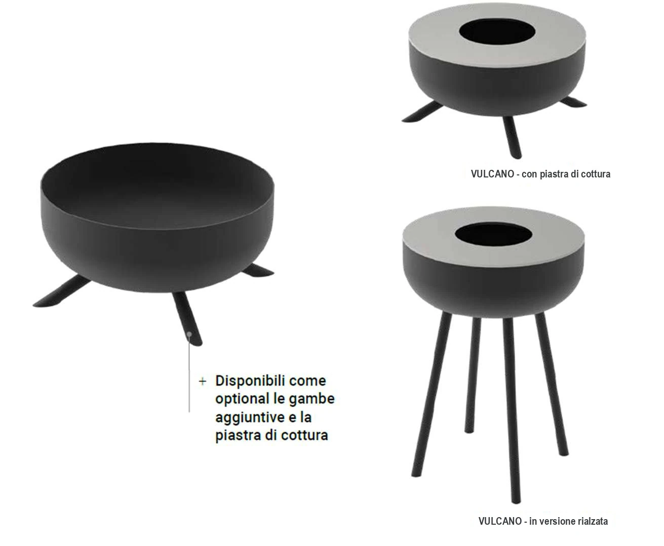 Tavola del catalogo M-Pellet 2026-27 (p.5): VULCANO come braciere, con piastra di cottura e in versione rialzata